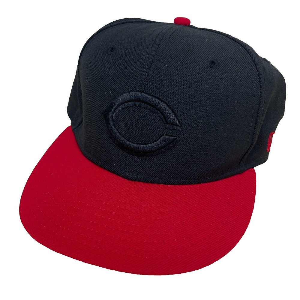 Cincinnati Reds Hat Cap Fitted Size 7 3/8 Black Red Plain Logo 59Fifty 5950 MLB